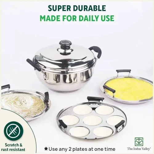 The Indus Valley Stainless Steel Idli/Dhokla/Momo Maker/Multi Pot/Steaming Set | Large, 5 Plates, 29cm/11.3 inch, 4.2Ltr, 1.5kg | Nonstick 3-Layer Bottom | Induction friendly, 100% Pure & Toxin-free