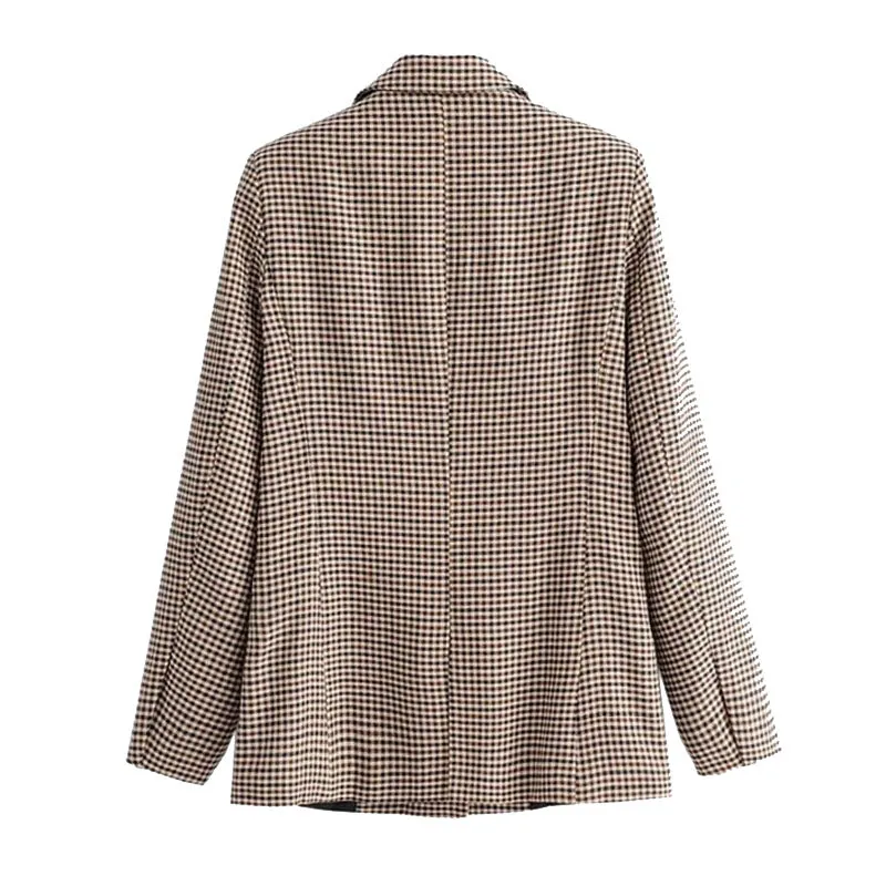 Vintage Double-Breasted Long Sleeve Collared Checked Blazer - Khaki