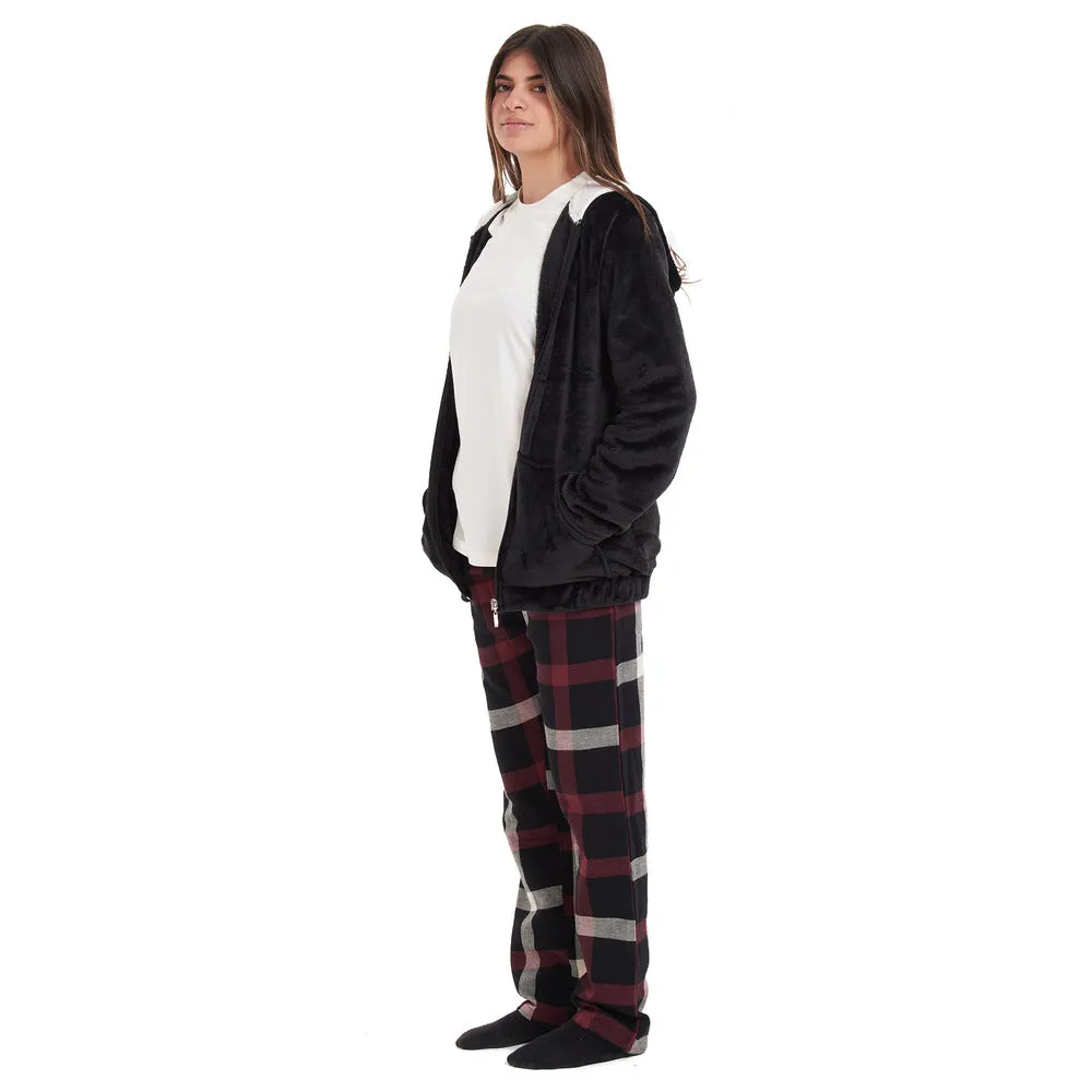 Women Winter Pajama 3 PCS Set Black Sweatshirt  Off-white top  Black x Red Checkered Pants