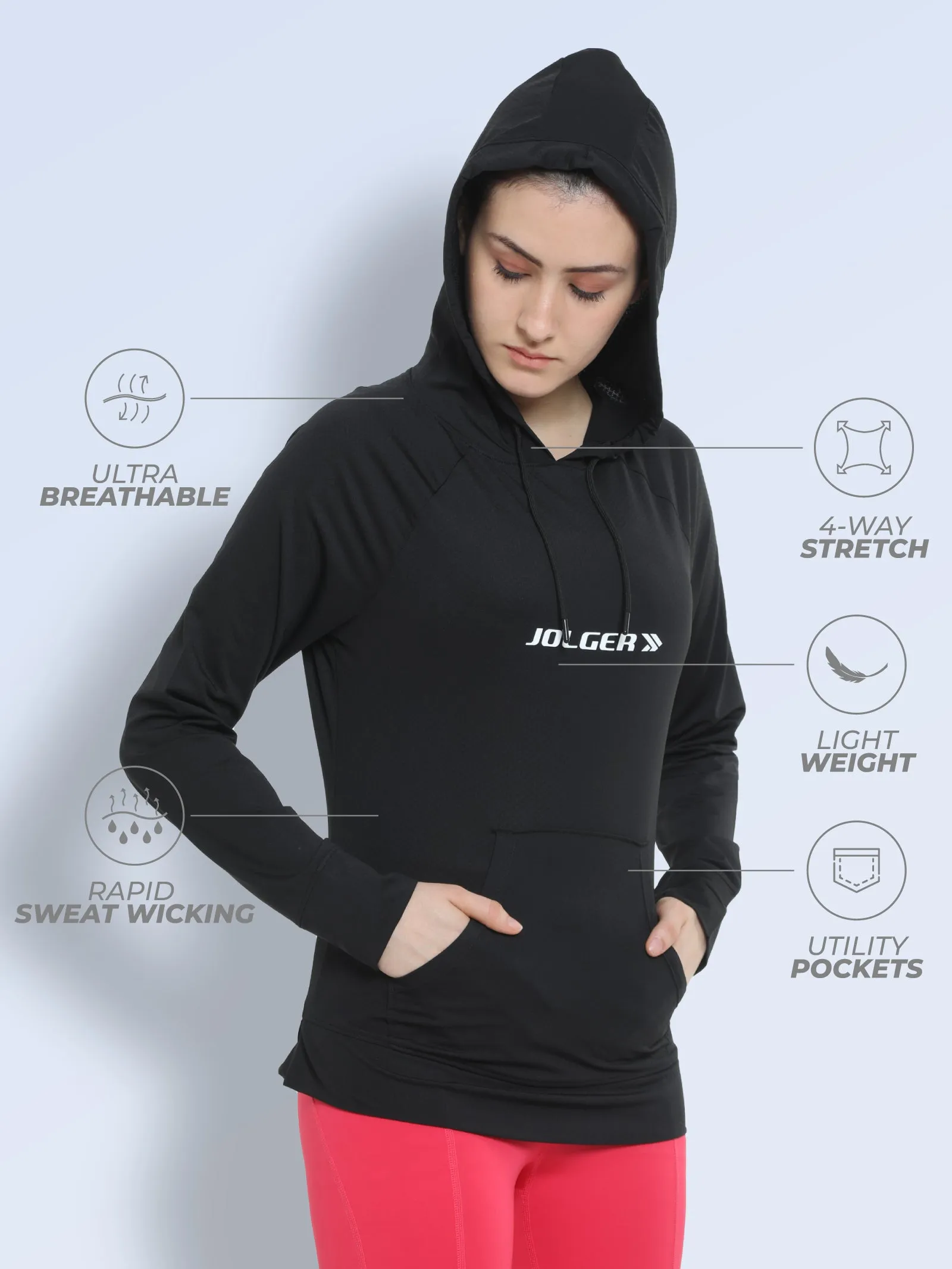 Women's Light Weight Breathable Hoodie Jacket With Kangaroo Pocket