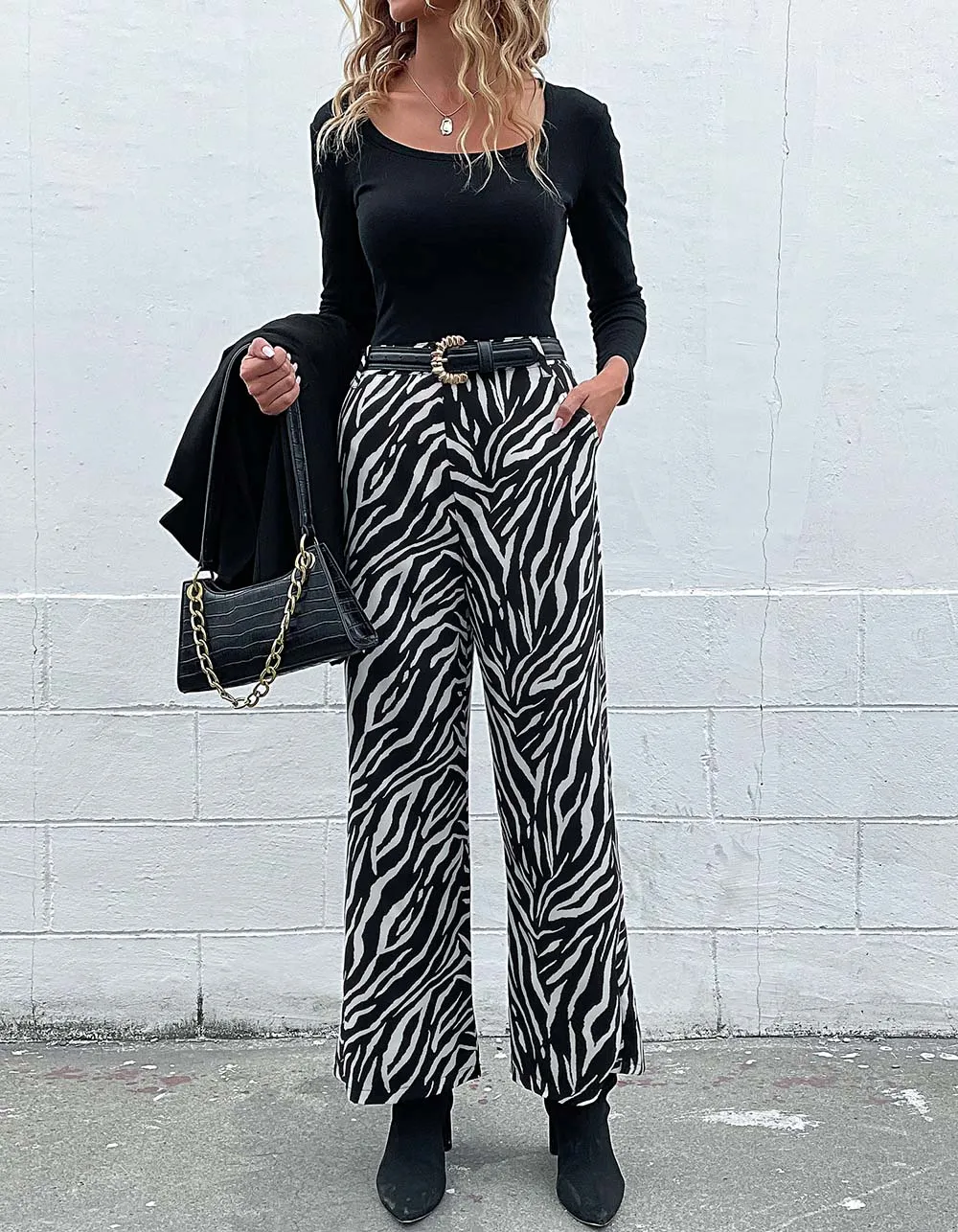 Zebra Print High Waist Wide-Leg Pants